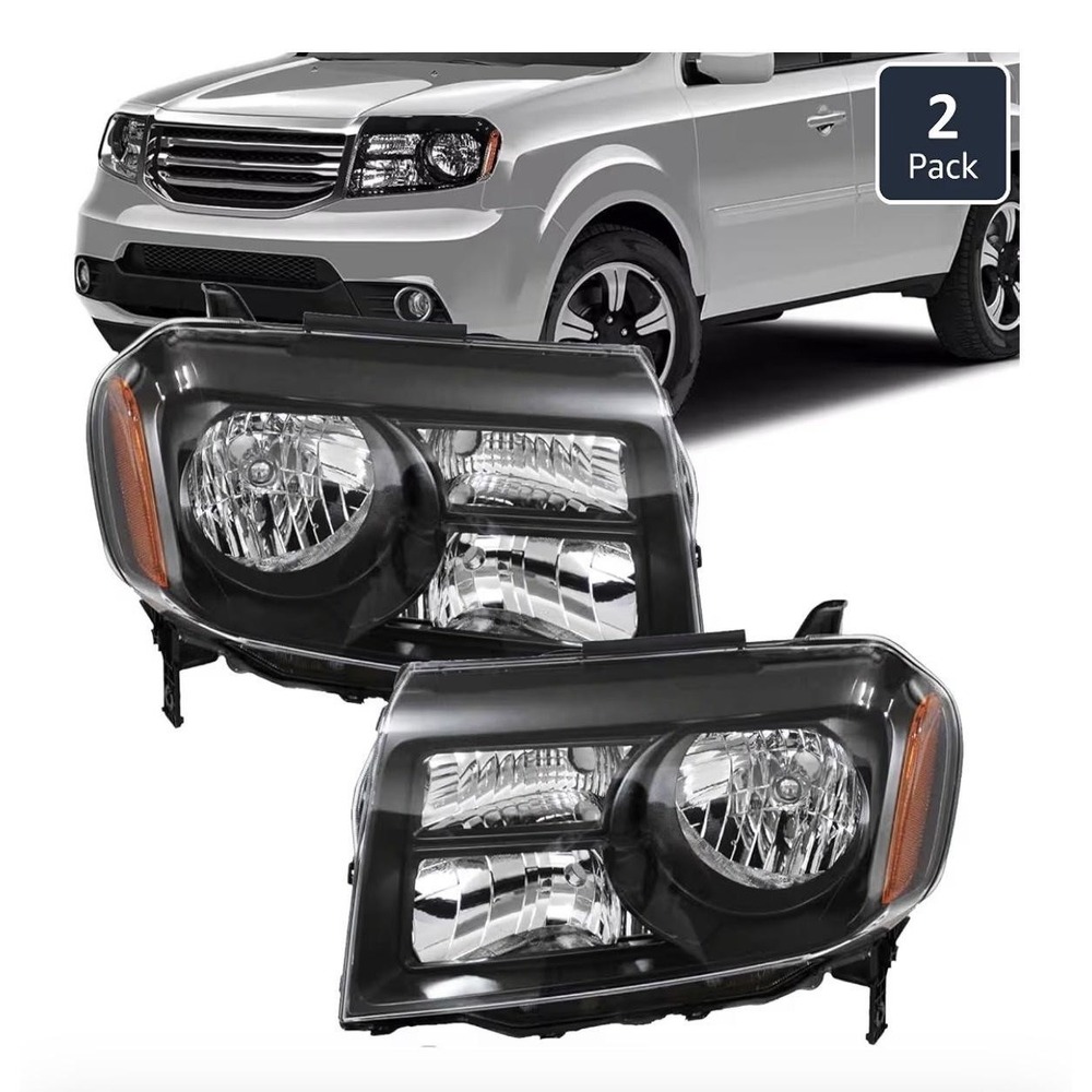 Headlight Assemblies Pair 2012-2015 Honda Pilot Black Halogen Clear Front L R‎